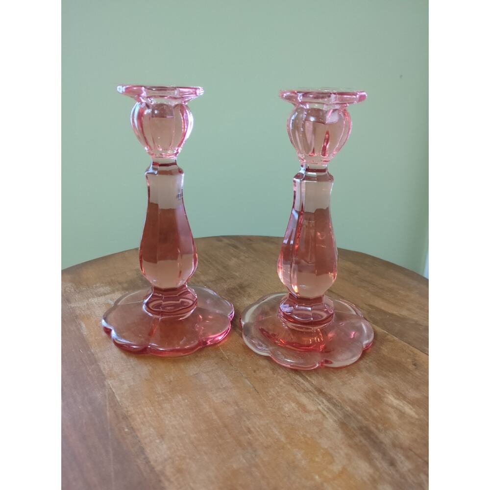 Moser 114 Vintage Scalloped Rose Pink Candlesticks Rare